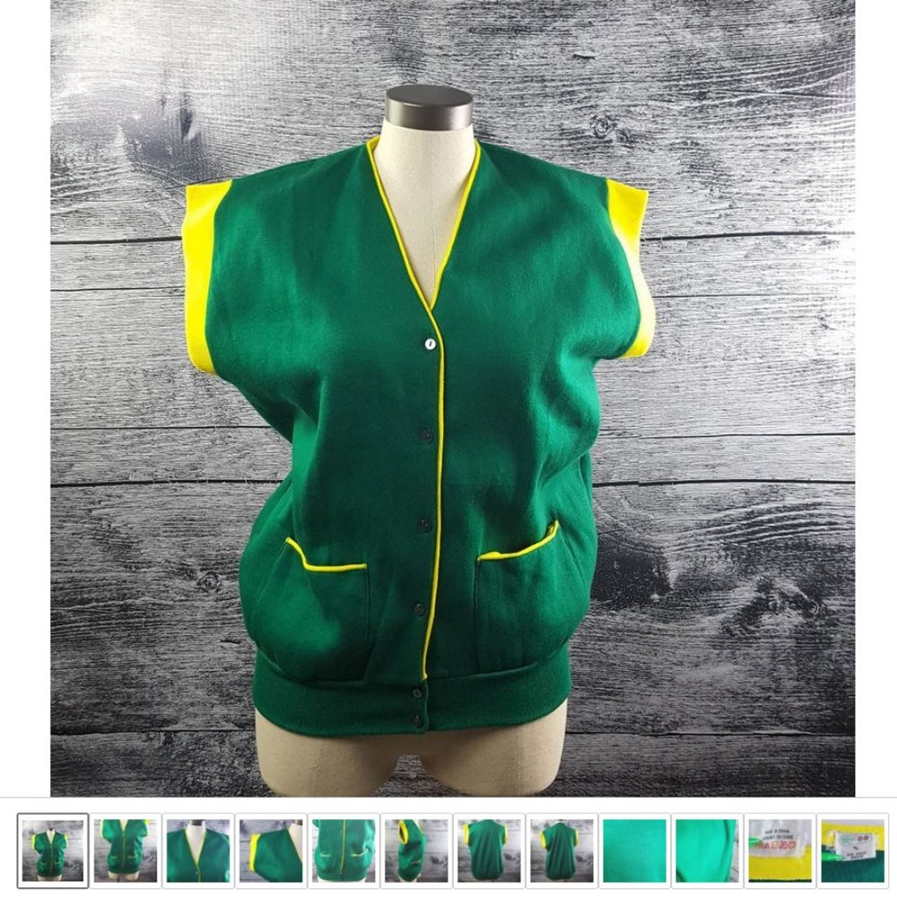 vtg Bright Green and Yellow Women sz M Button Down Vest by HUKAP FLEECE lining